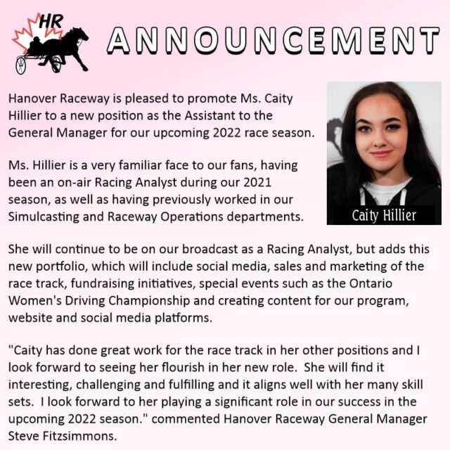 Hanover Raceway Promotes one of their Own to Role of Assistant to the GM Hanover Raceway Promotes one of their Own to Role of Assistant to the GM