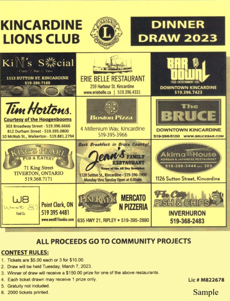 Kincardine & District Lions announce Tickets on sale for Annual Dinner Draw