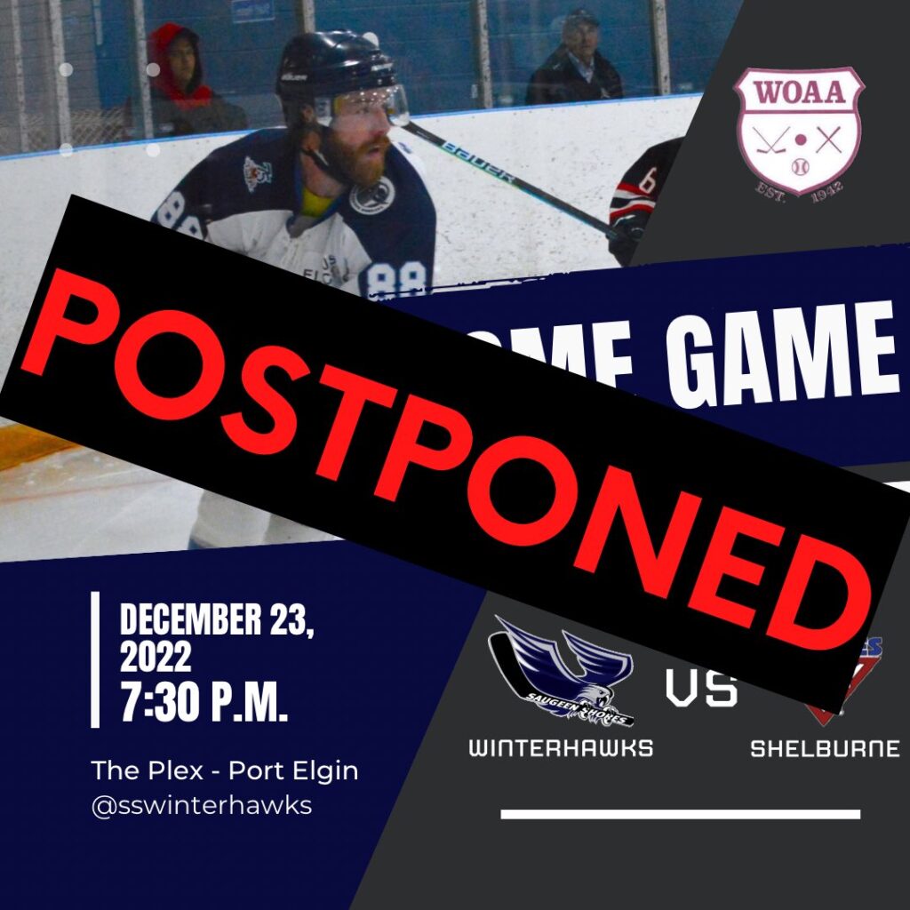 Saugeen Shores Winterhawks Postpone Tonight’s Game versus Shelburne