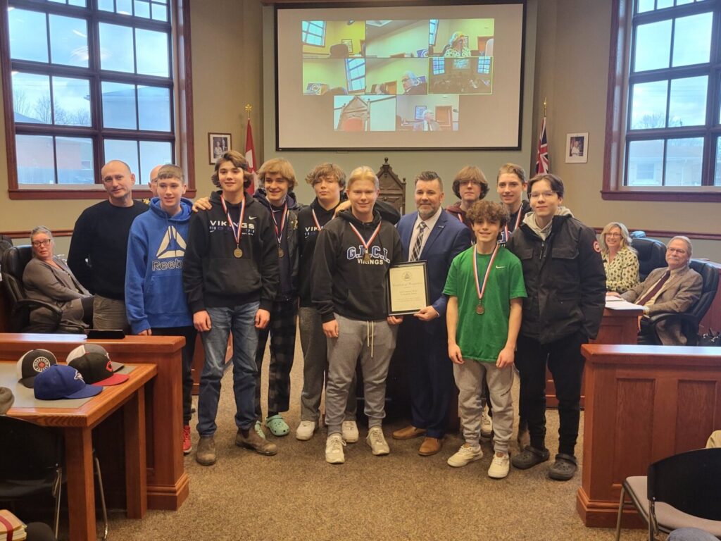 GDCI Boys Volleyball Team recognized at Goderich Council for Junior WOSSA Win