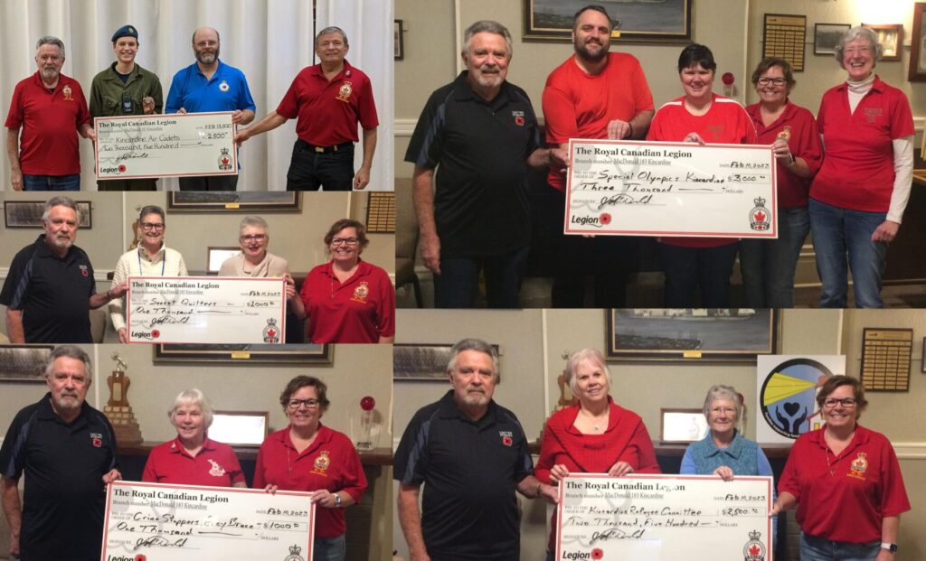 Kincardine Legion donate to 5 Area Organizations through Poppy Fund