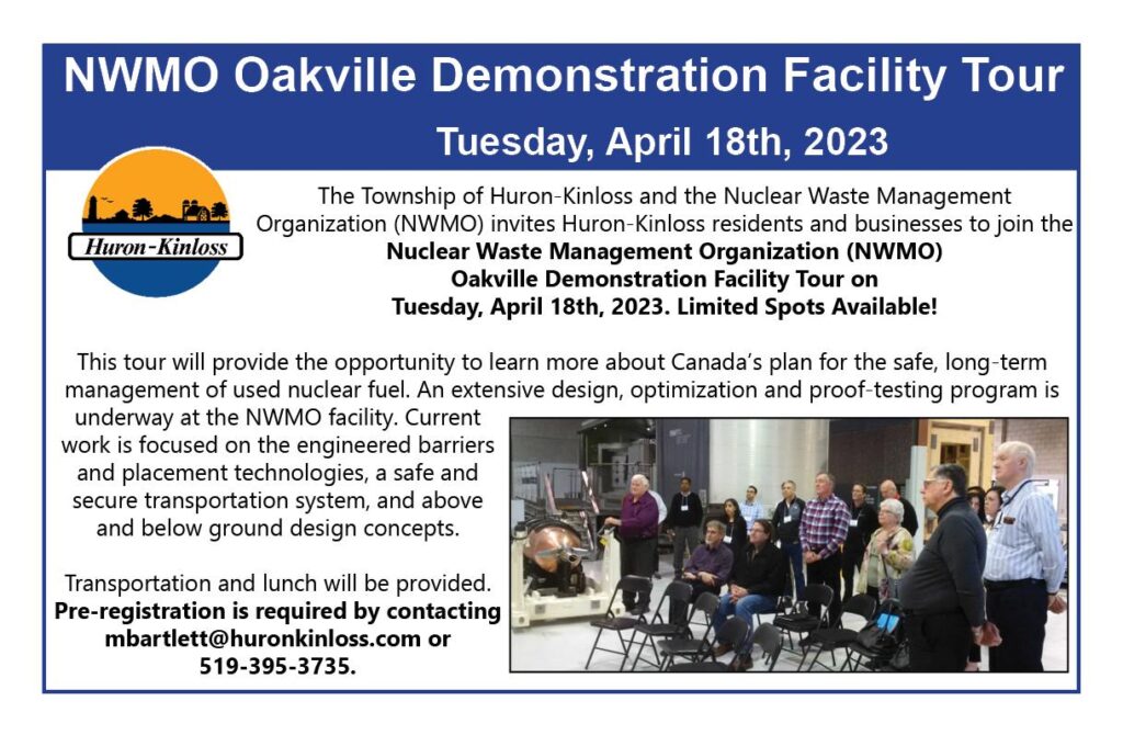 Spots available for Tour of NWMO Oakville Demo Facility Tour Tomorrow for Huron-Kinloss Residents