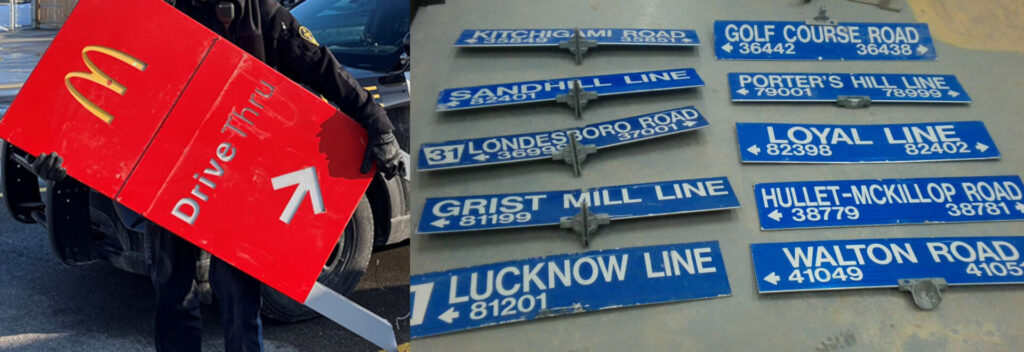 Huron OPP charge Morris-Turnberry resident after Stolen Road signs & more found in Ditched Pickup Mar. 5th