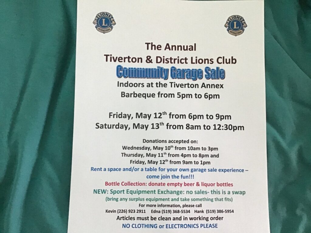 Tiverton Lions hosting Annual Community Garage Sale May 12th & 13th