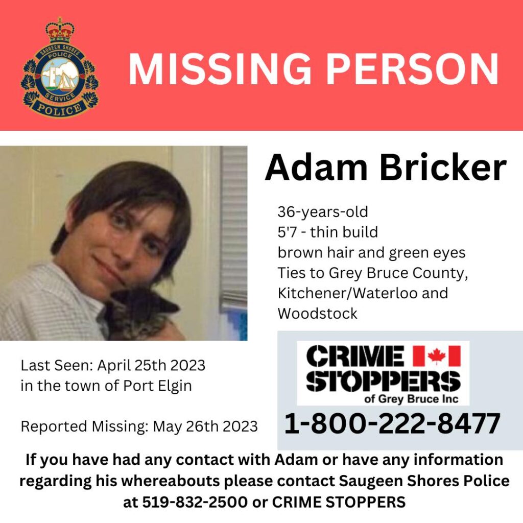 Saugeen Shores Police continue appeal to locate missing 36-year-old Adam Bricker