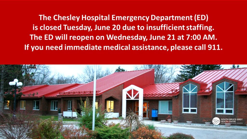 Chesley ER closed Tuesday, June 20th due to Staffing Shortages