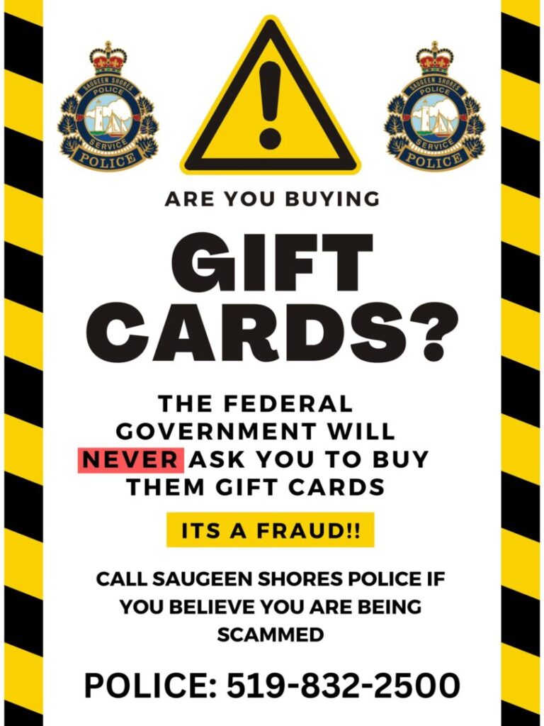 Saugeen Shores Police issues Advisory of Gift Cards Purchases by Seniors