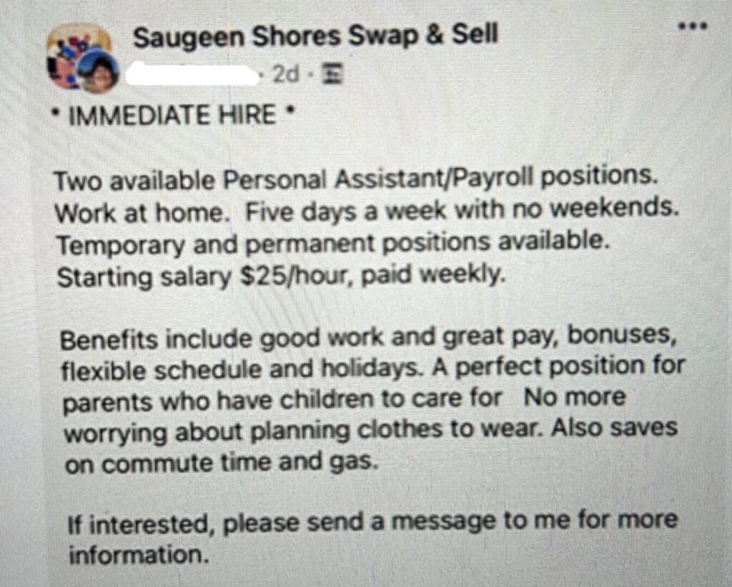 Saugeen Shores Police advise of Fake Job Postings on Facebook